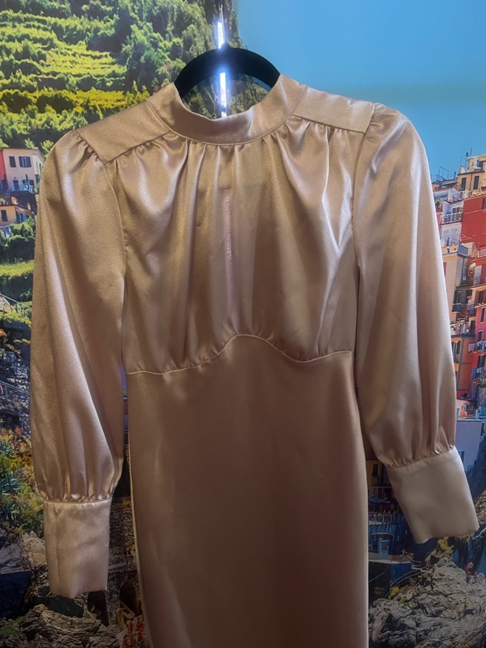 Satin Long-Sleeve Midi Dress in Champagne